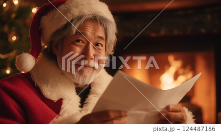サンタ衣装で手紙を読む笑顔の日本人男性と暖炉のある室内 124487186