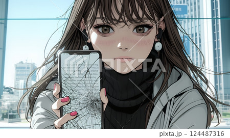 画面が激しく割れているスマートフォンを手にしているいる若い女性