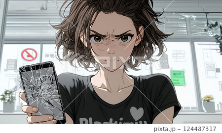 画面が激しく割れているスマートフォンを手にしているいる若い女性