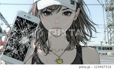 画面が激しく割れているスマートフォンを手にしているいる若い女性