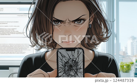 画面が激しく割れているスマートフォンを手にしているいる若い女性