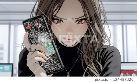 画面が激しく割れているスマートフォンを手にしているいる若い女性