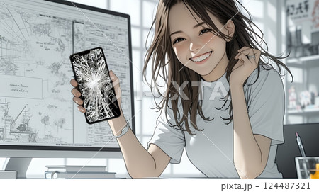 画面が激しく割れているスマートフォンを手にしているいる若い女性