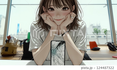 画面が激しく割れているスマートフォンを手にしているいる若い女性
