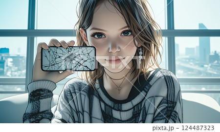 画面が激しく割れているスマートフォンを手にしているいる若い女性