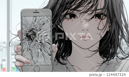 画面が激しく割れているスマートフォンを手にしているいる若い女性
