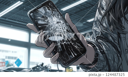 画面が激しく割れているスマートフォンを手にしているいる若い女性