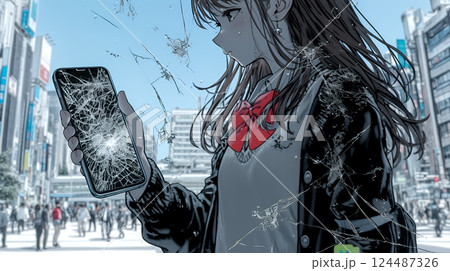 画面が激しく割れているスマートフォンを手にしているいる若い女性