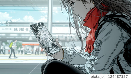 画面が激しく割れているスマートフォンを手にしているいる若い女性