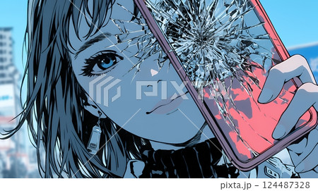 画面が激しく割れているスマートフォンを手にしているいる若い女性