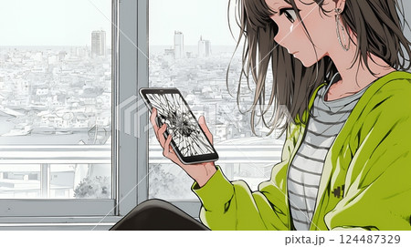 画面が激しく割れているスマートフォンを手にしているいる若い女性