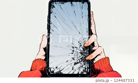 画面が激しく割れているスマートフォンを手にしているいる若い女性