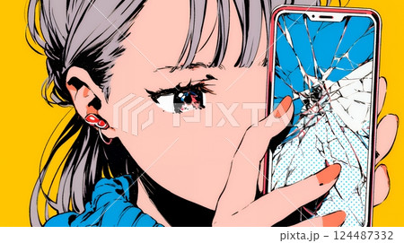 画面が激しく割れているスマートフォンを手にしているいる若い女性