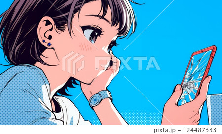 画面が激しく割れているスマートフォンを手にしているいる若い女性