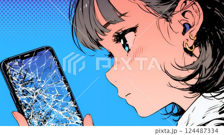 画面が激しく割れているスマートフォンを手にしているいる若い女性