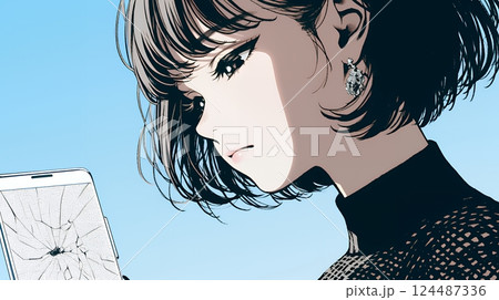 画面が激しく割れているスマートフォンを手にしているいる若い女性