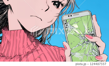 画面が激しく割れているスマートフォンを手にしているいる若い女性