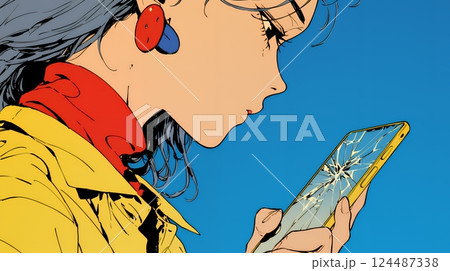 画面が激しく割れているスマートフォンを手にしているいる若い女性