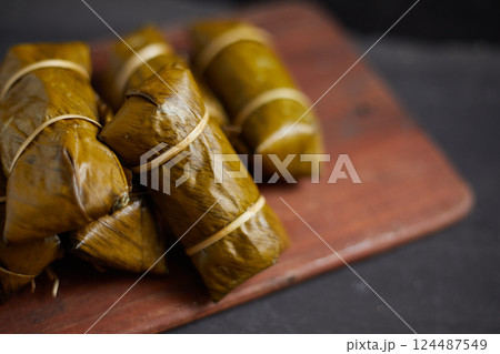 Close up sticky rice with banana, Thai dessert 124487549