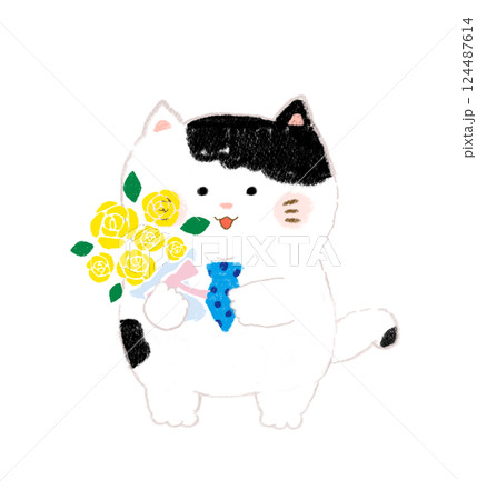 薔薇の花束を持つねこ クレヨンタッチ 薔薇の花束を持つねこ クレヨンタッチ 124487614