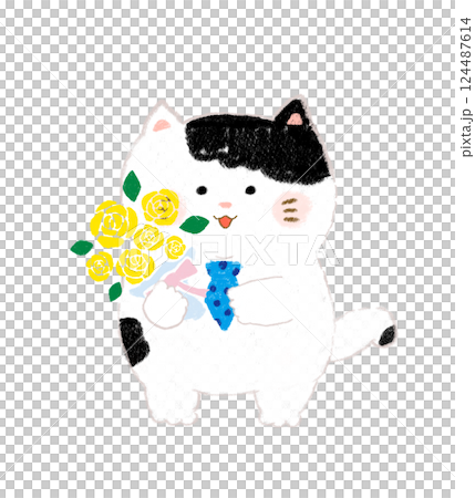 薔薇の花束を持つねこ クレヨンタッチ 薔薇の花束を持つねこ クレヨンタッチ 124487614