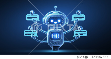 Customer service robot on blue. Chatbot assistant, AI bot, digital character Customer service robot on blue. Chatbot assistant, AI bot, digital character 124487667