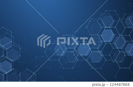 Blue hexagon abstract background. Honeycomb texture, medical technology. 124487668