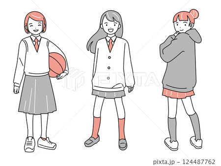 女子学生3人の全身図セット 124487762