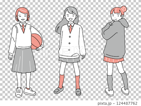 女子学生3人の全身図セット 124487762