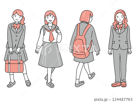 女子学生4人の全身図セット 124487763