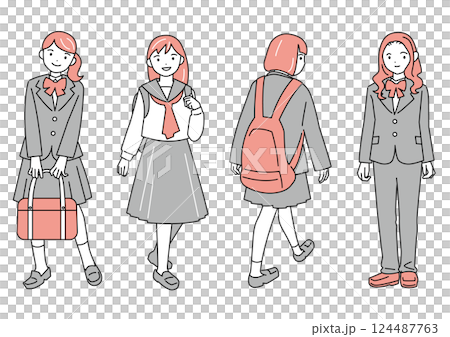 女子学生4人の全身図セット 124487763