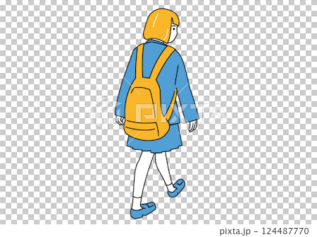 Back view of a female student carrying a large backpack 124487770