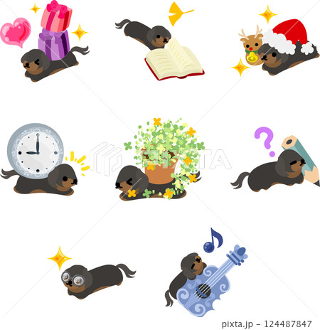 かわいい黒いダックスフントのイラストセット！表情豊かで使いやすいデザインが揃っています。 124487847