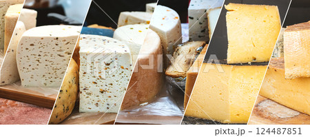 Collage of assorted cheese varieties at a market stall 124487851