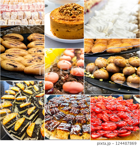 Food collage of Eastern sweets. Composite image. Food collage of Eastern sweets. Composite image. 124487869