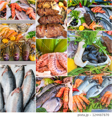 Seafood collage with fresh salmon, lobsters, langoustines, shrimp, and fish on ice Seafood collage with fresh salmon, lobsters, langoustines, shrimp, and fish on ice 124487870