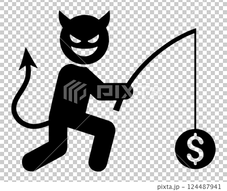 釣り竿でコインを釣っている悪人・フィッシング詐欺の黒いピクトグラムのイラスト　透過背景の切り抜き 124487941