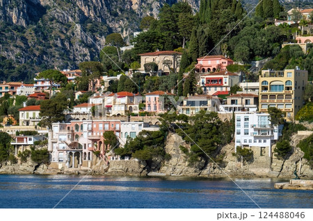 Cap Ferrat coastal view, village and mountains landscape  in Cote D'Azur, France 124488046