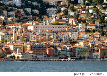 Villefranche sur Mer coastal view landscape,  little village in Cote D'Azur, France 124488047
