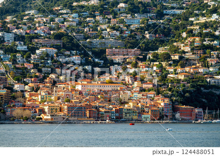 Villefranche sur Mer coastal view landscape,  little village in Cote D'Azur, France 124488051