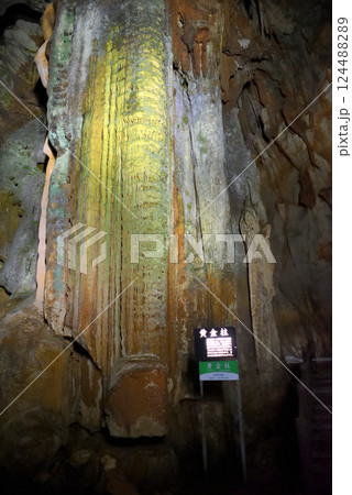 中国地方・秋吉台・秋芳洞・黒谷支洞の入口の空間のランドマーク、黄金柱の全景・山口県美弥市(2) 124488289