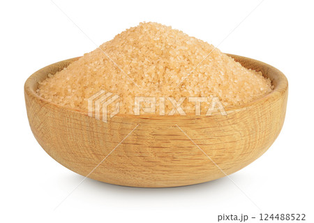 The brown sugar in wooden bowl isolated on white background 124488522