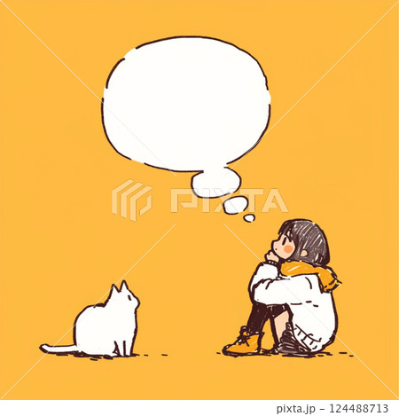 【フキダシ】白猫と座る女の子と吹き出し 124488713