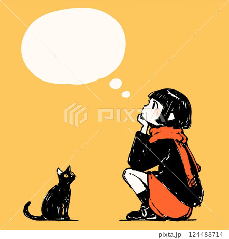 【フキダシ】黒猫と座る女の子と吹き出し 124488714