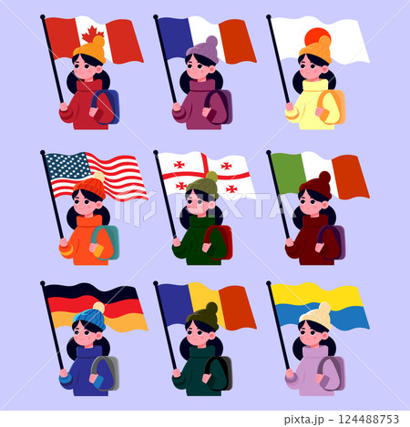 A girl carrying flags from different countries in the world set flat illustration 124488753