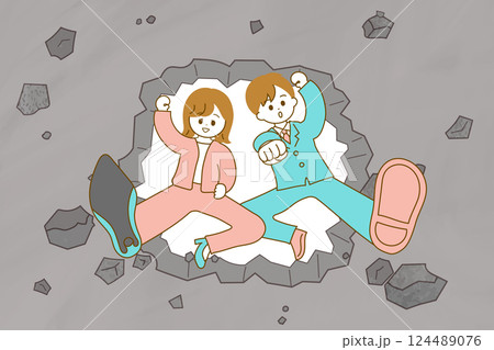 壁をキックで突き破ってこちらに向かってくるスーツの男女のイラスト　壁を破るイメージイラスト 124489076