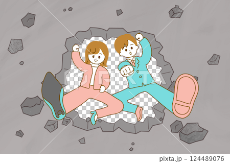 壁をキックで突き破ってこちらに向かってくるスーツの男女のイラスト　壁を破るイメージイラスト 124489076