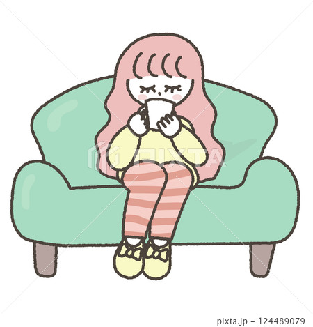 グリーンのソファに座って部屋着でコーヒーを飲んでリラックスしている女性のイラスト 124489079