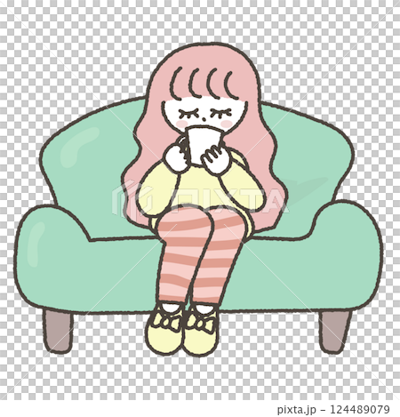 グリーンのソファに座って部屋着でコーヒーを飲んでリラックスしている女性のイラスト 124489079