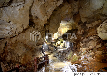 中国地方・秋吉台・秋芳洞・エレベーターの分岐から見る、黄金柱の空間の眺め・山口県美弥市(3) 124489502